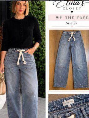 We the free Moxi pull on barrel jeans “little darlin” paint splatter jeans